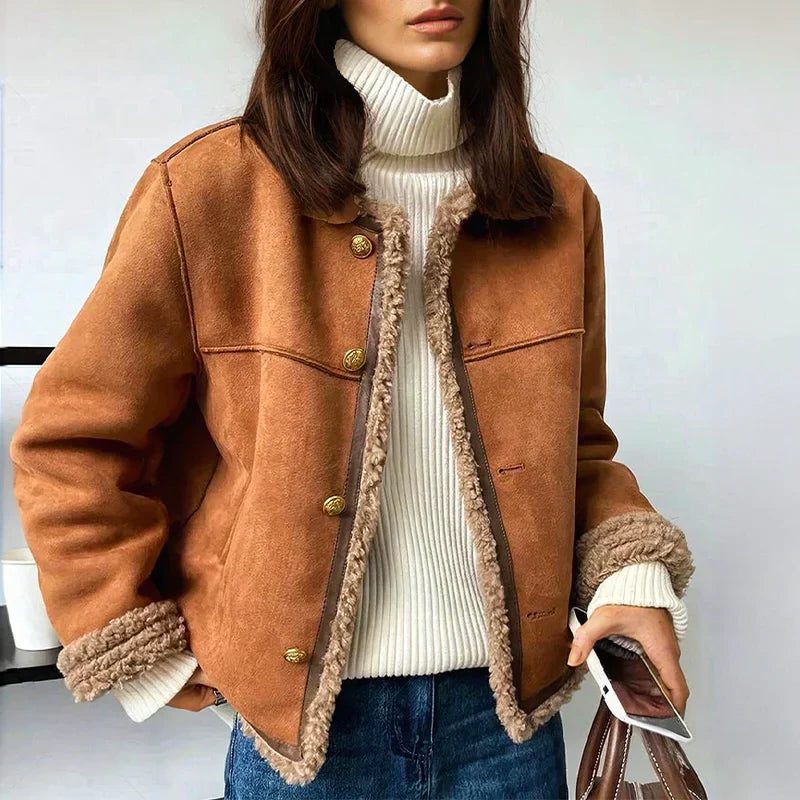 Suede Button-Down Jacket with Sherpa Lining for Women - View 5