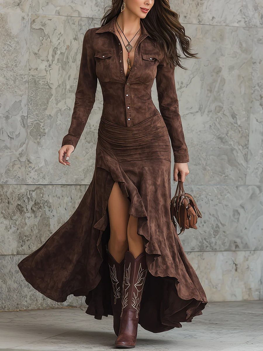 Suede Button-Down Shirt Dress with Ruched Maxi Skirt for Women