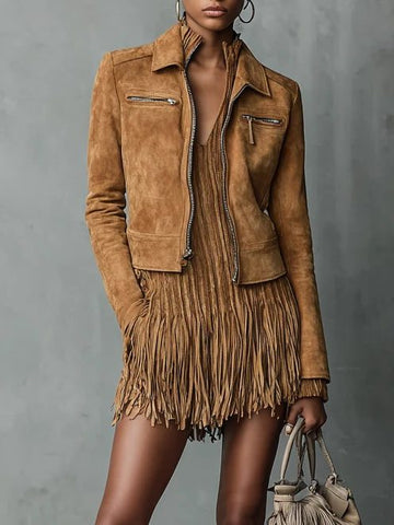 Suede Cropped Jacket with Long Sleeve Lapel Collar for Women