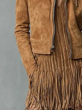 Suede Cropped Jacket with Long Sleeve Lapel Collar for Women
