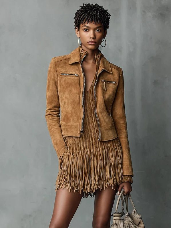 Suede Cropped Jacket with Long Sleeve Lapel Collar for Women - View 3