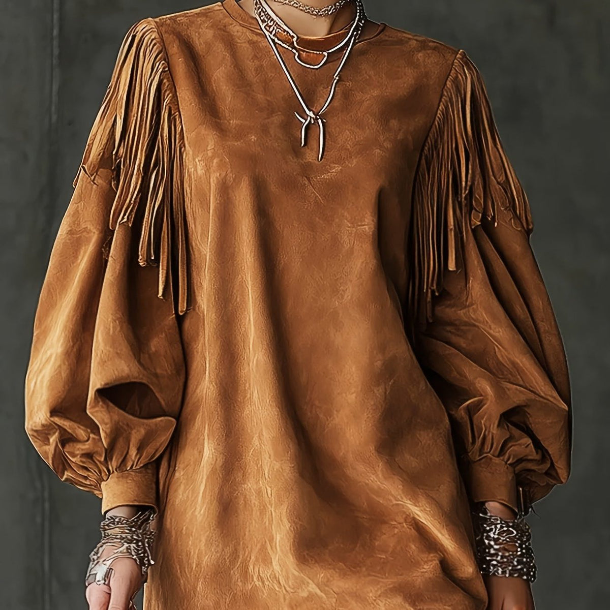 Suede Fringe Bell Sleeve Maxi Dress for Women - Uk 8 (s)