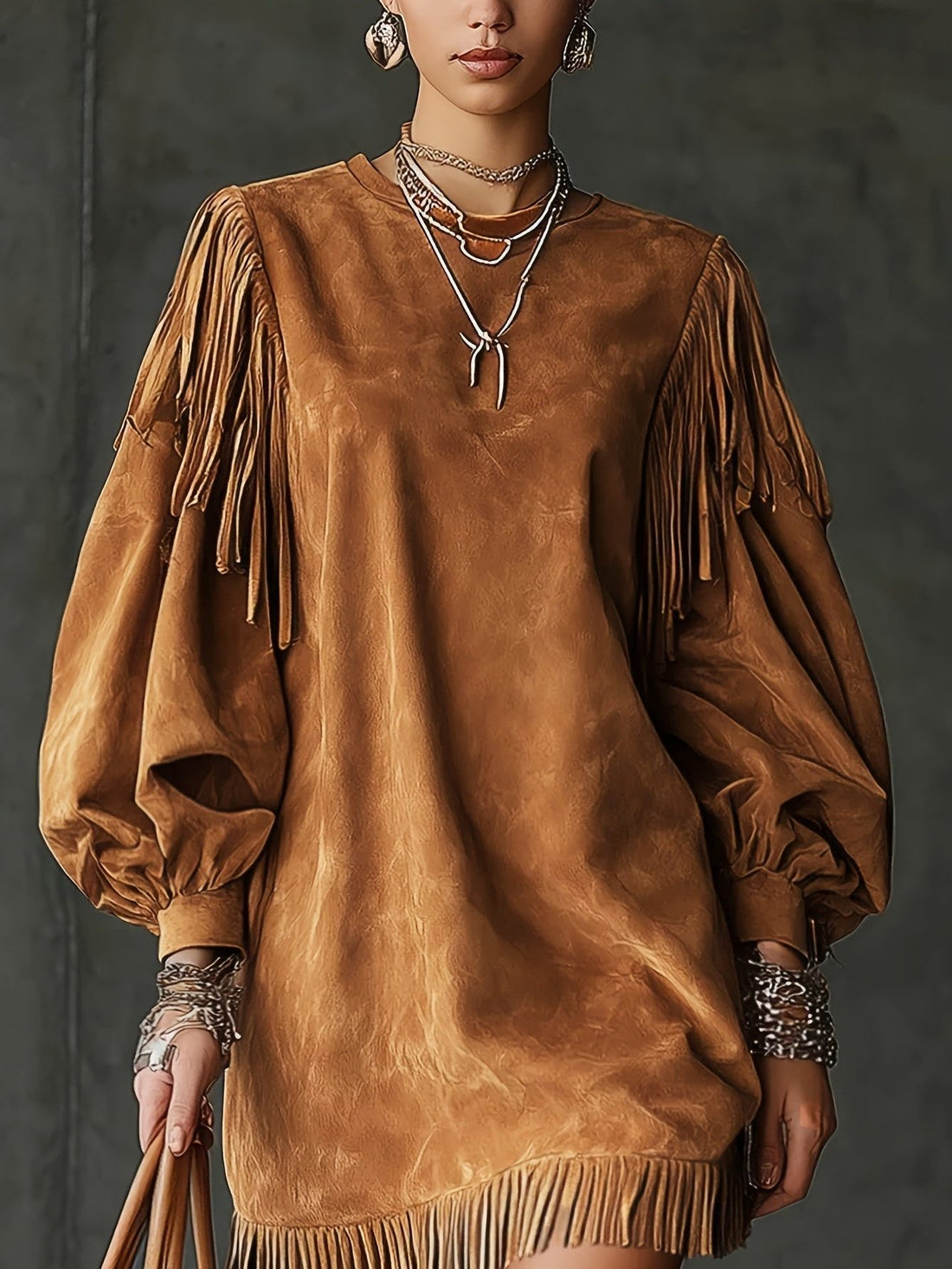 Suede Fringe Bell Sleeve Maxi Dress for Women