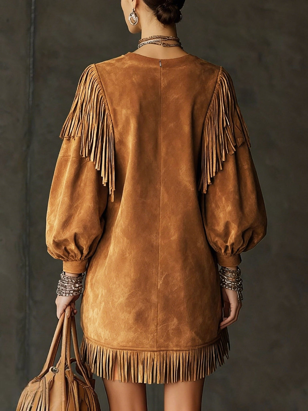 Suede Fringe Bell Sleeve Maxi Dress for Women - View 2