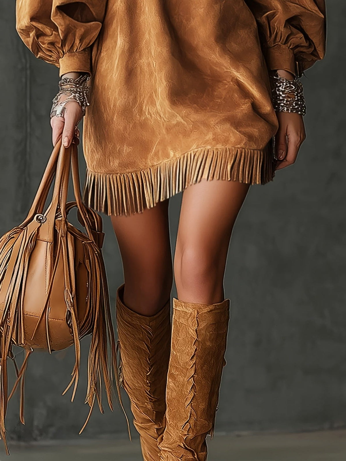 Suede Fringe Bell Sleeve Maxi Dress for Women - View 3