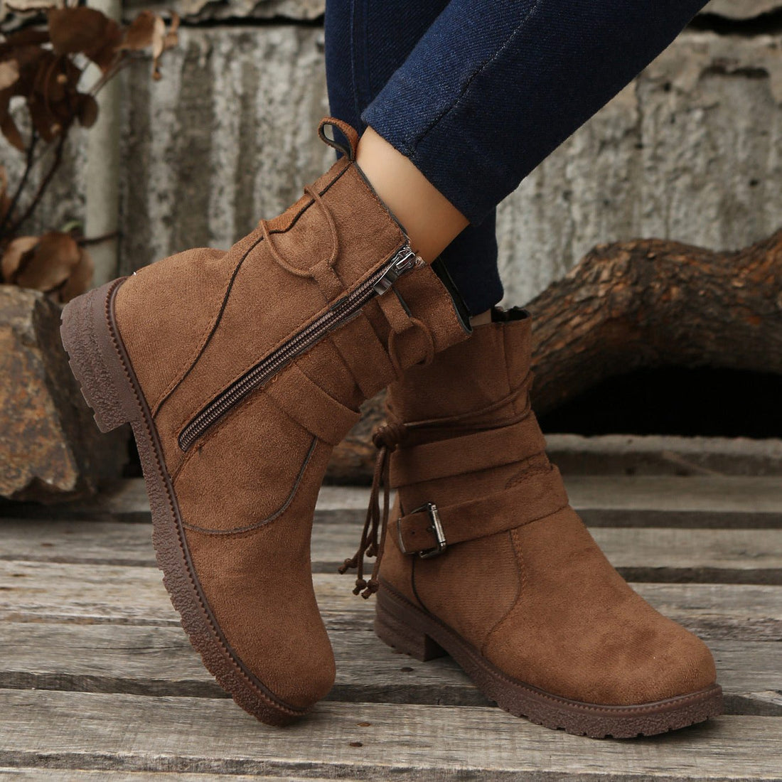 Suede Low Heel Ankle Boots with Zip-Up for Women