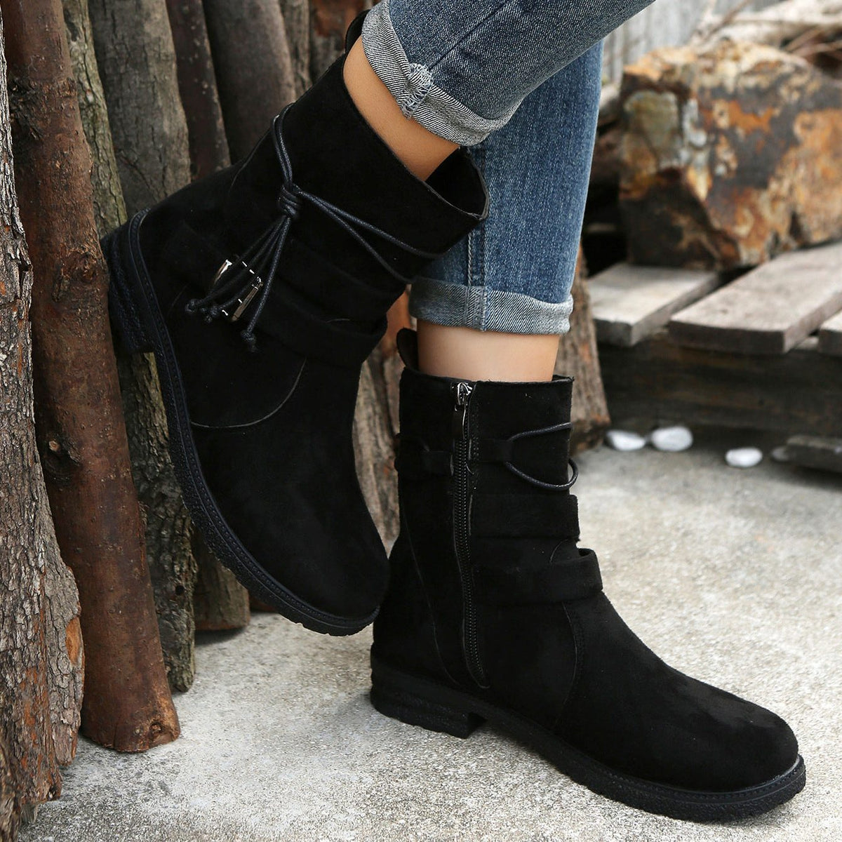 Suede Low Heel Ankle Boots with Zip-Up for Women - Black
