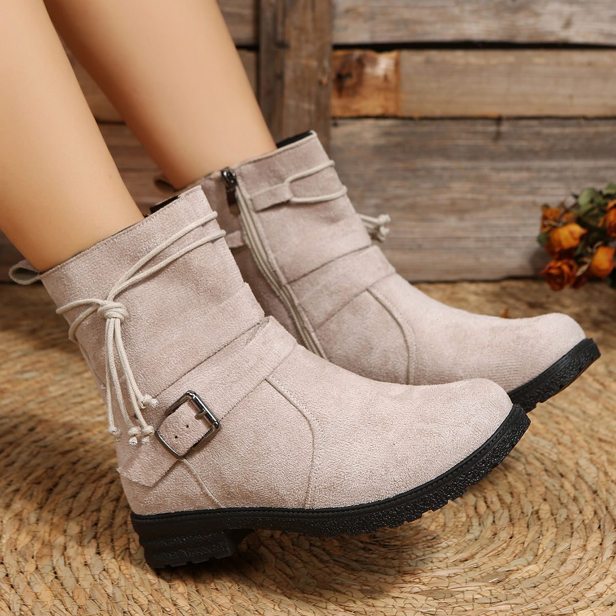 Suede Low Heel Ankle Boots with Zip-Up for Women - Dust Storm