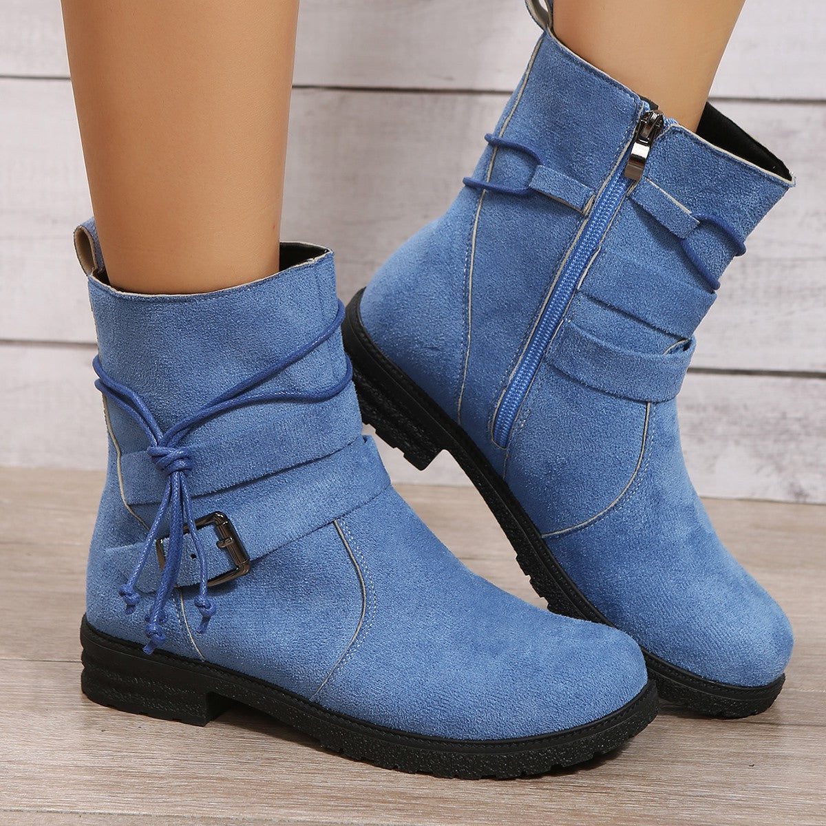 Suede Low Heel Ankle Boots with Zip-Up for Women - Sky Blue