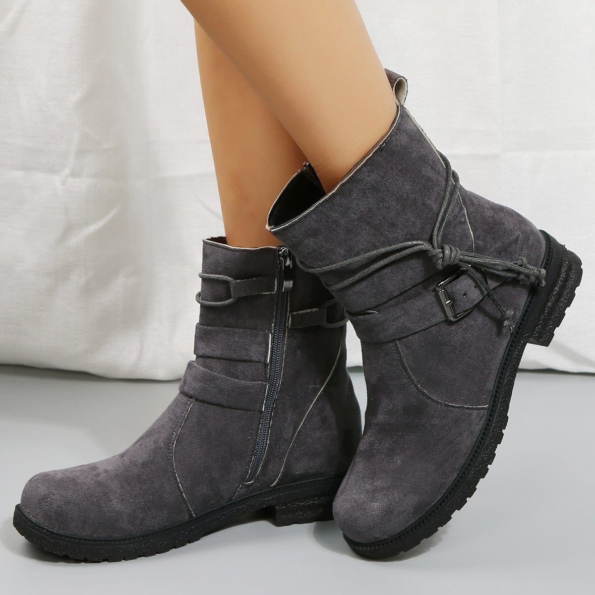 Suede Low Heel Ankle Boots with Zip-Up for Women - Dark Gray