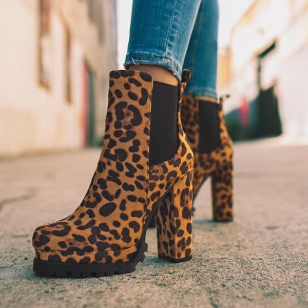 Suede Platform Ankle Boots with Block Heel for Women - Leopard