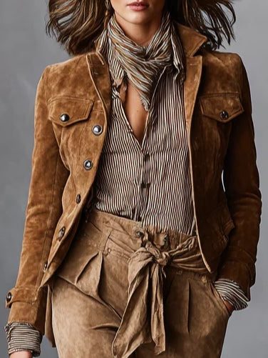 Suede Single-Breasted Lapel Cropped Jacket for Women - View 3