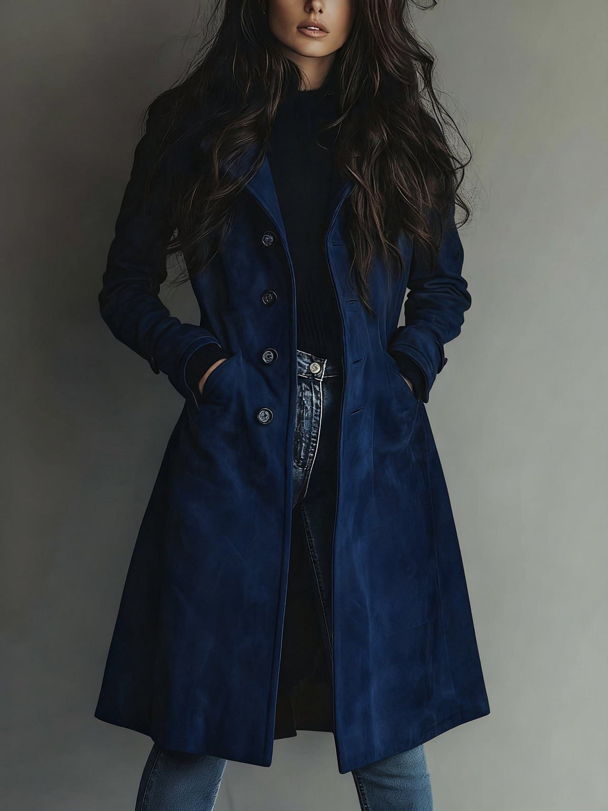 Suede Trench Coat for Women - Dark Blue