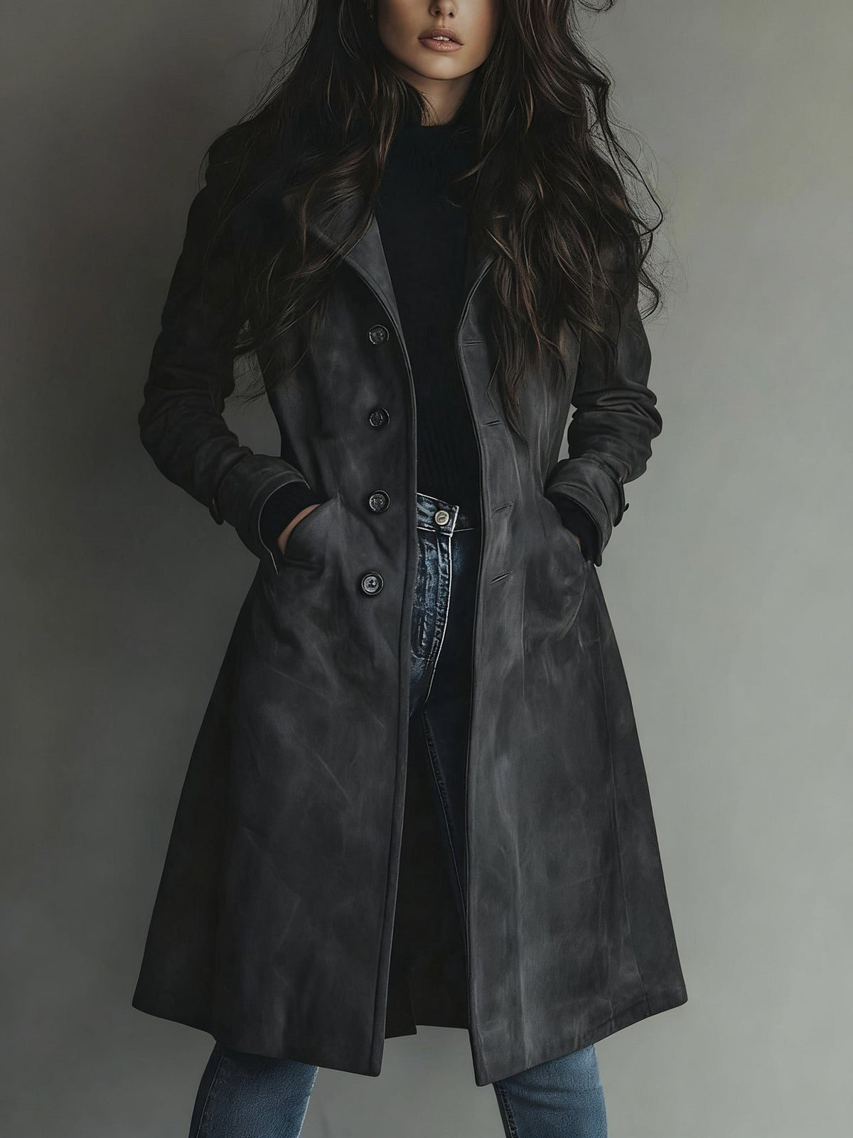 Suede Trench Coat for Women - Dark Gray