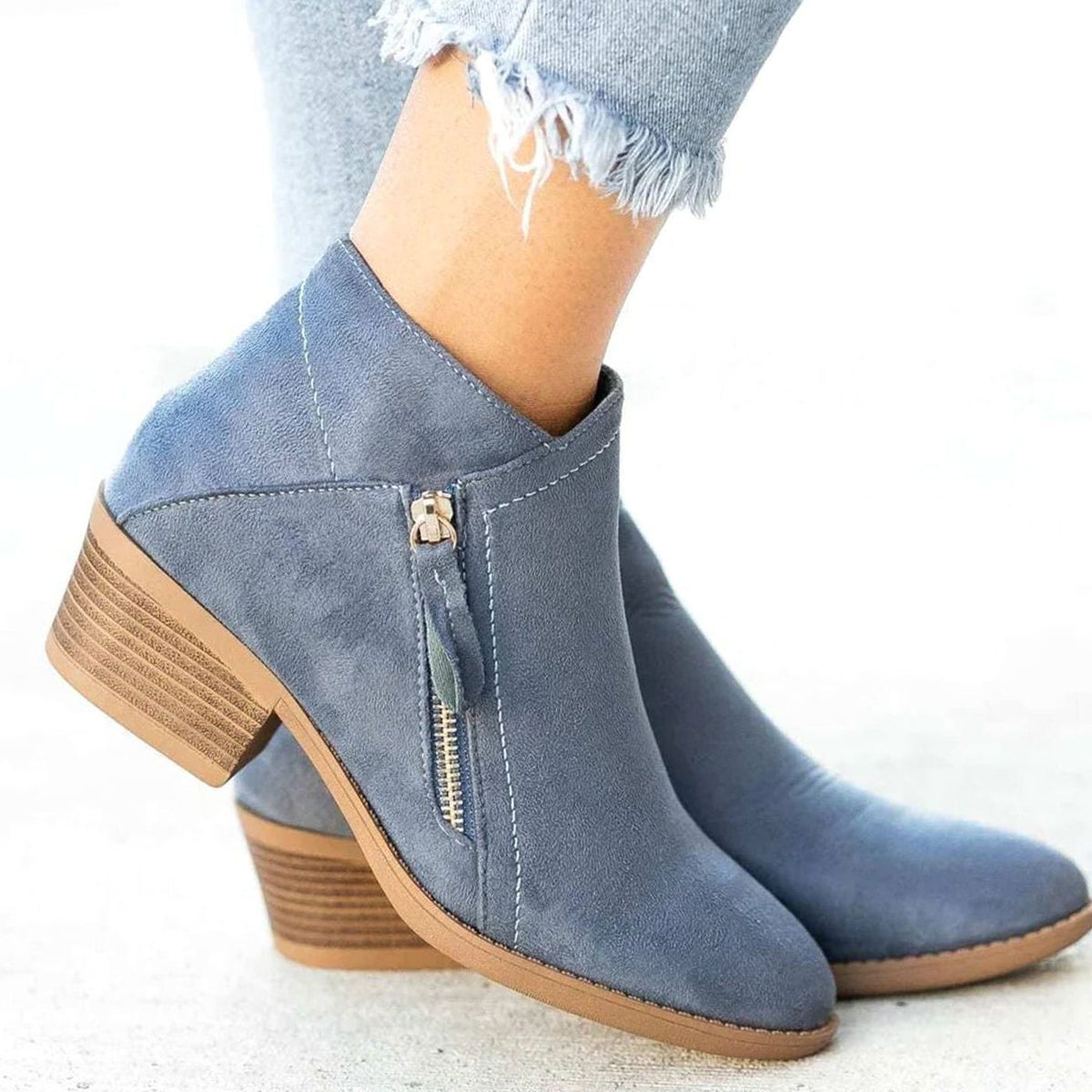 Suede V-Cut Block Heel Ankle Boots for Women - Blue