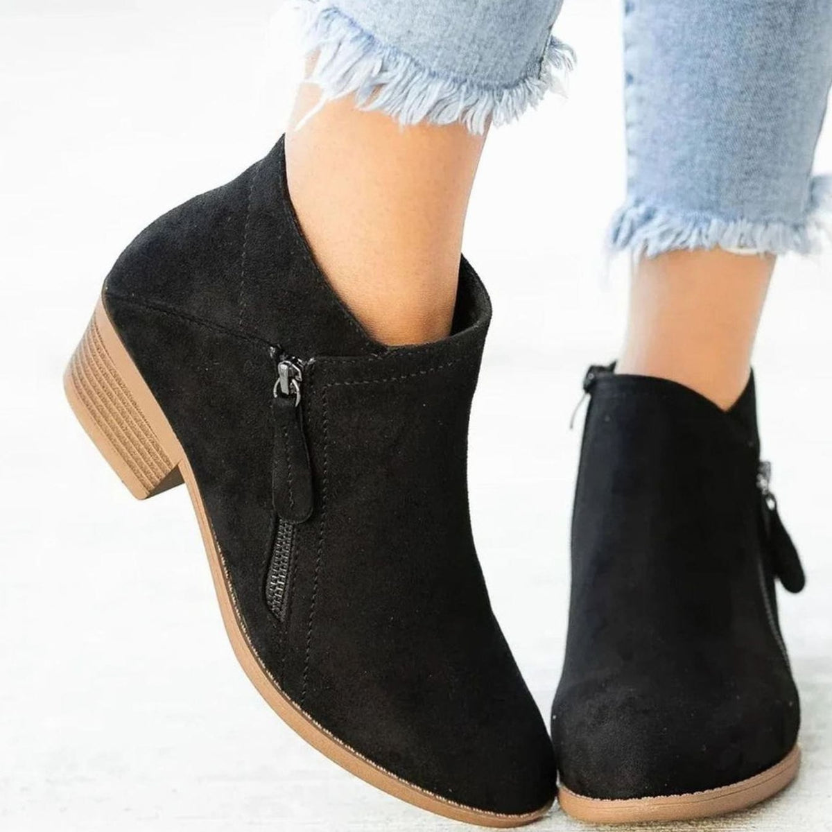Suede V-Cut Block Heel Ankle Boots for Women - Black