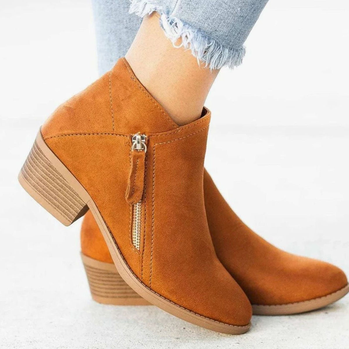 Suede V-Cut Block Heel Ankle Boots for Women - Orange