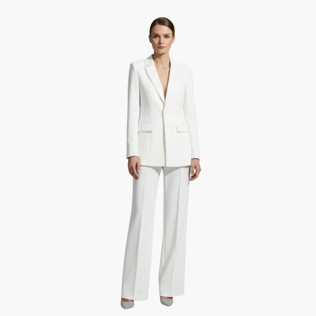 Tailored Blazer Wide Leg Pants Suit Set for Women - White