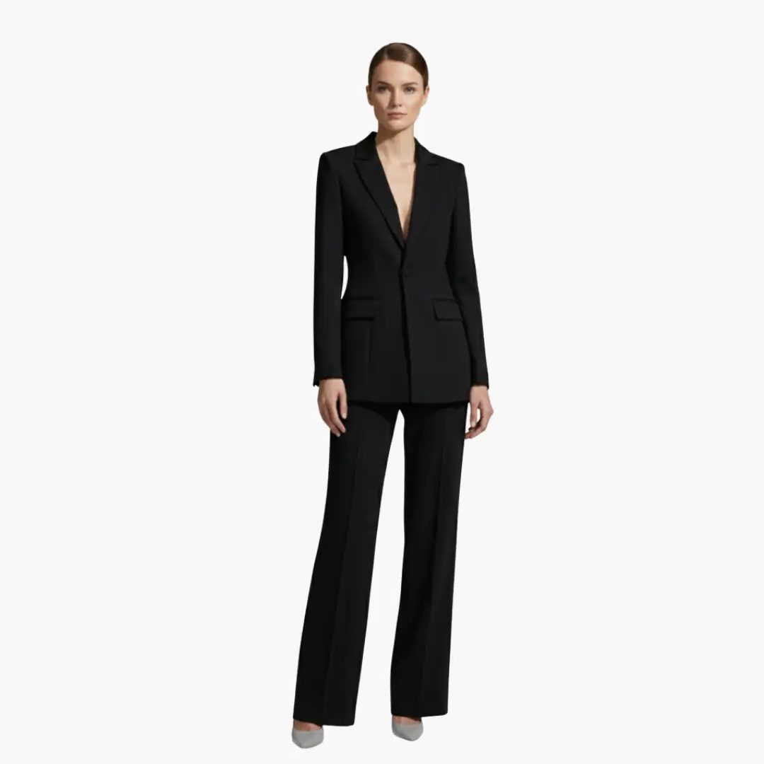 Tailored Blazer Wide Leg Pants Suit Set for Women - Black