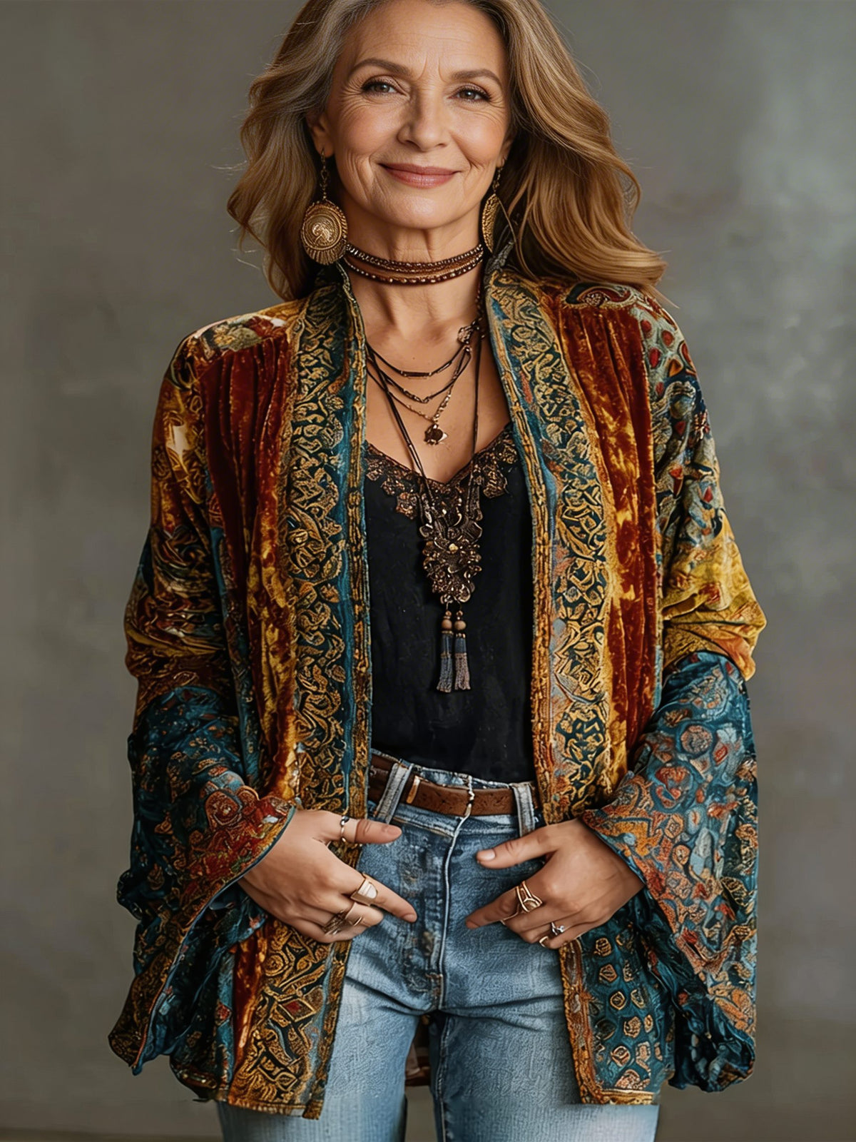 Tapestry Patterned Open Cardigan for Women