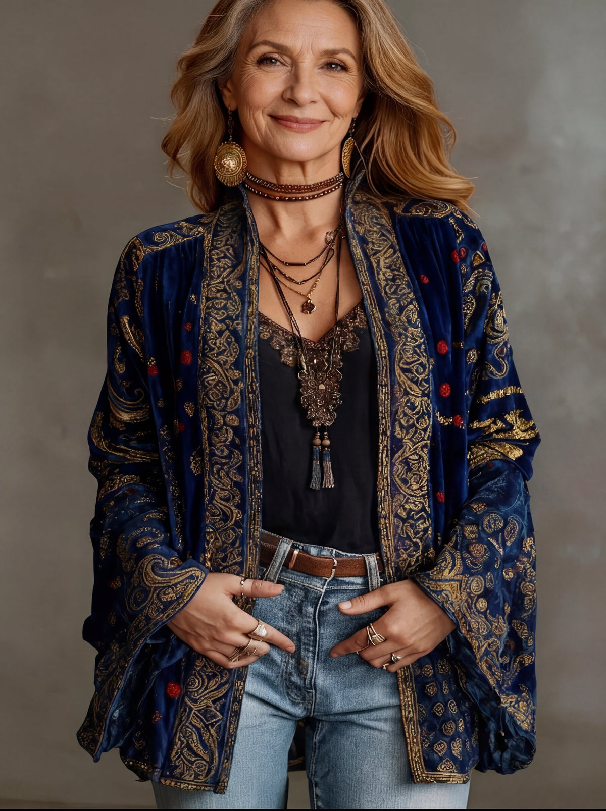 Tapestry Patterned Open Cardigan for Women - Midnight Blue