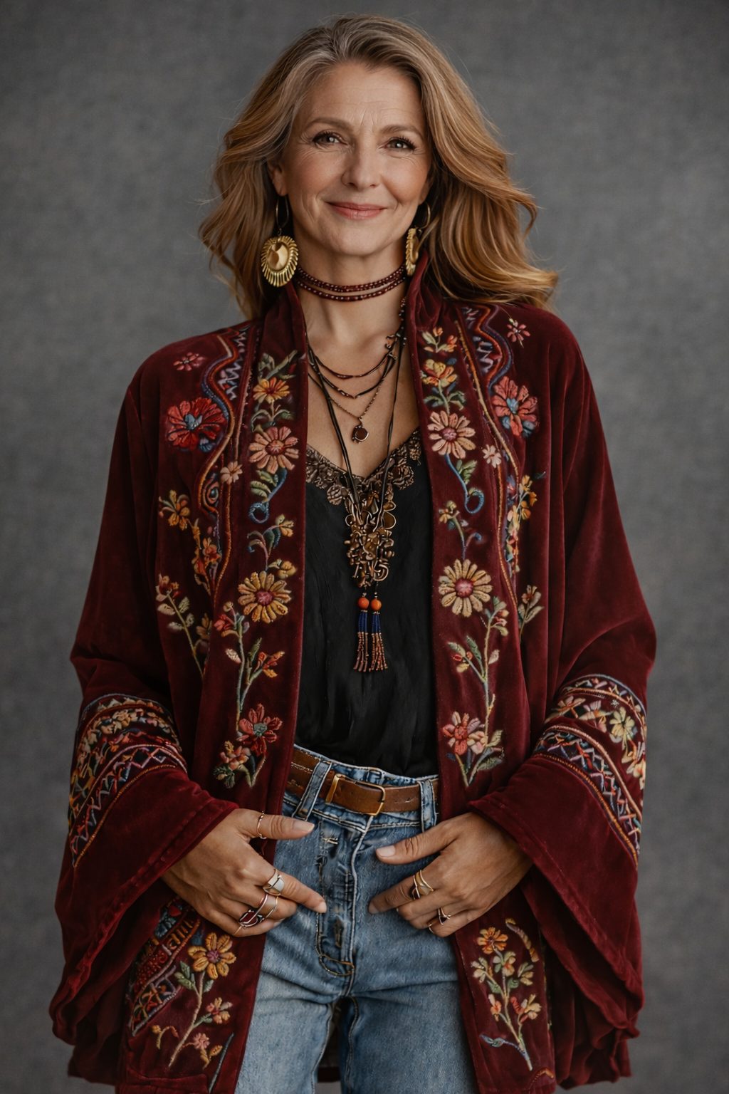Tapestry Patterned Open Cardigan for Women - Burgundy Floral