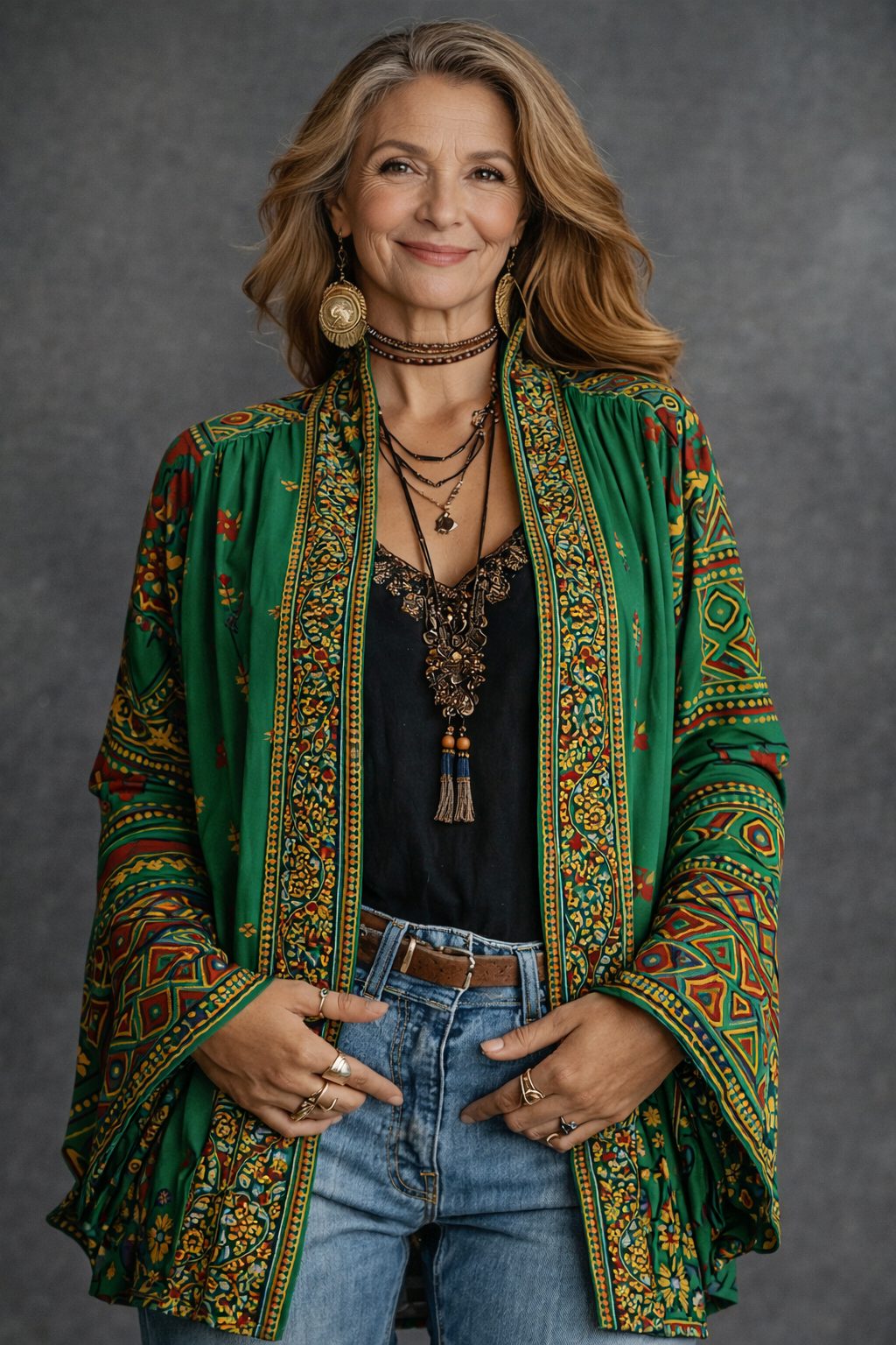 Tapestry Patterned Open Cardigan for Women - Forest Green
