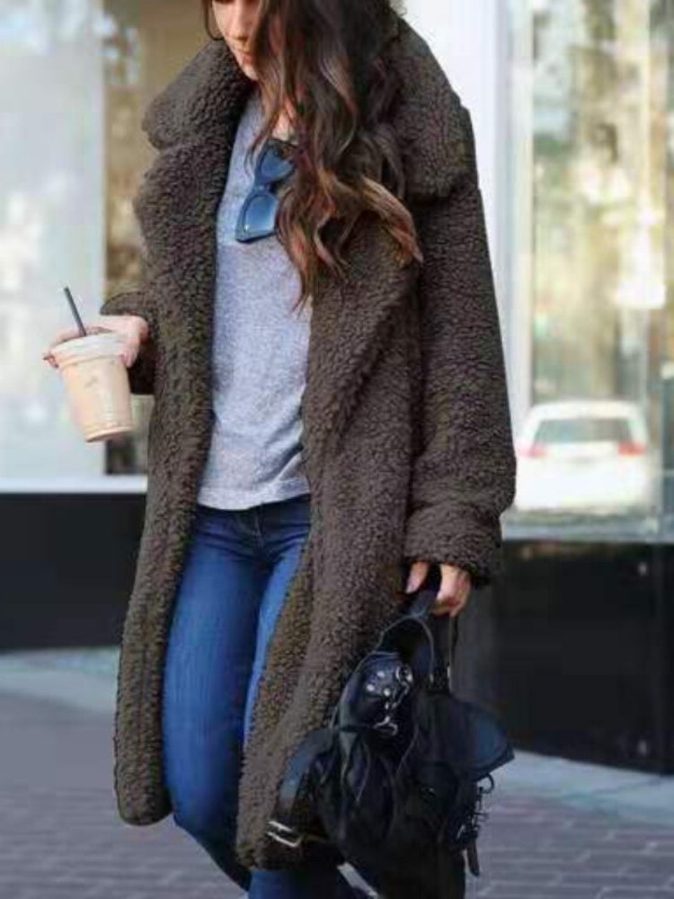 Teddy Fleece Long Coat for Women - Dark Gray