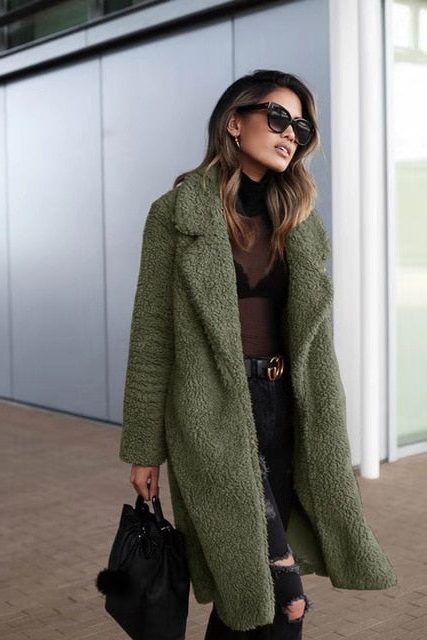 Teddy Fleece Long Coat for Women - Army Green