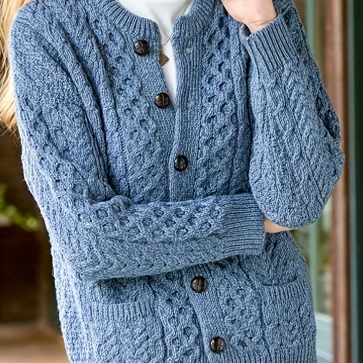 Textured Button-Front Cardigan for Women - Sea Blue