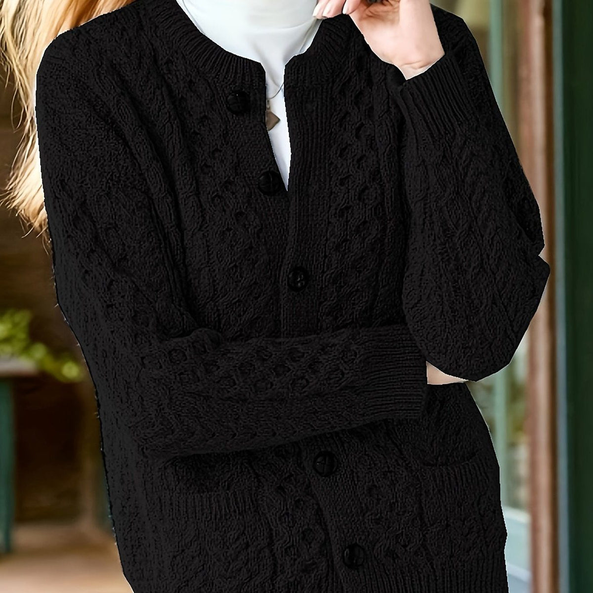 Textured Button-Front Cardigan for Women - Black