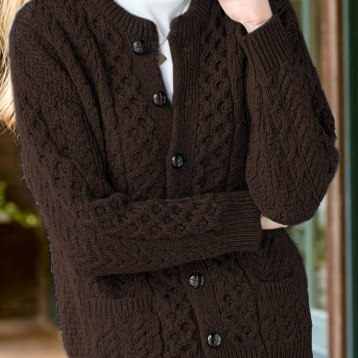 Textured Button-Front Cardigan for Women - Coffee Brown