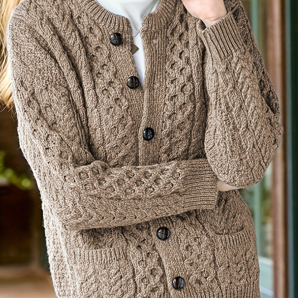 Textured Button-Front Cardigan for Women - Camel