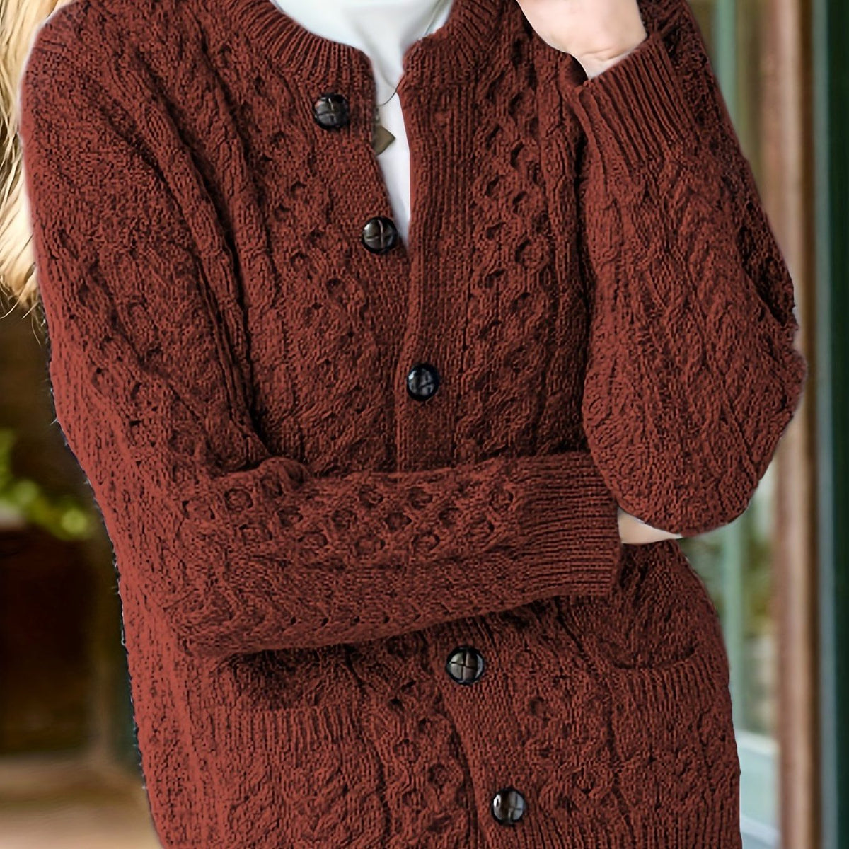 Textured Button-Front Cardigan for Women - Maroon