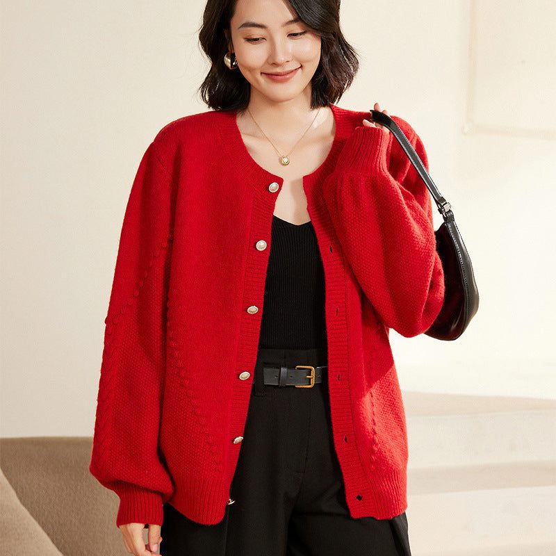 Textured Knit Cardigan with Balloon Sleeves for Women - Red