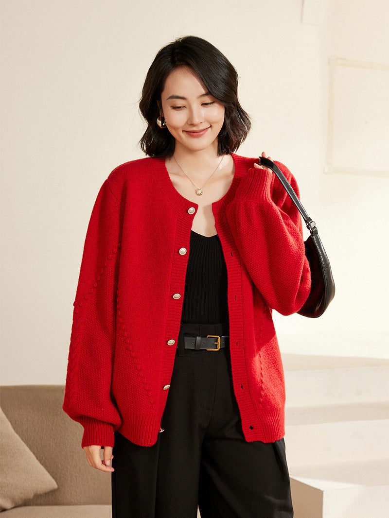 Textured Knit Cardigan with Balloon Sleeves for Women