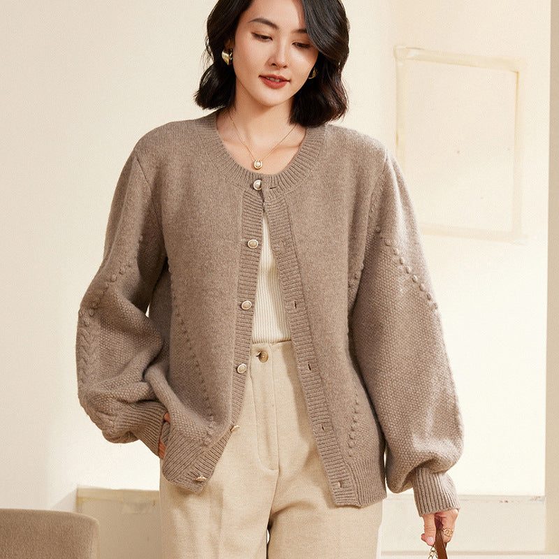 Textured Knit Cardigan with Balloon Sleeves for Women - Camel brown