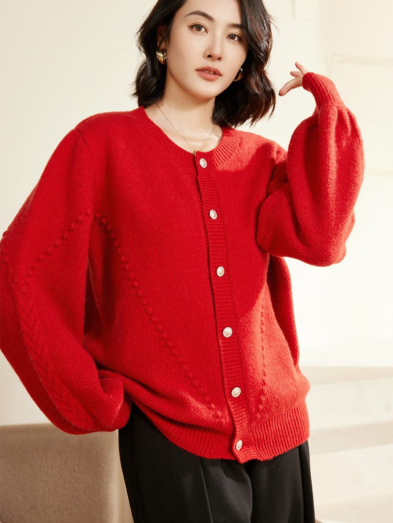 Textured Knit Cardigan with Balloon Sleeves for Women - View 2