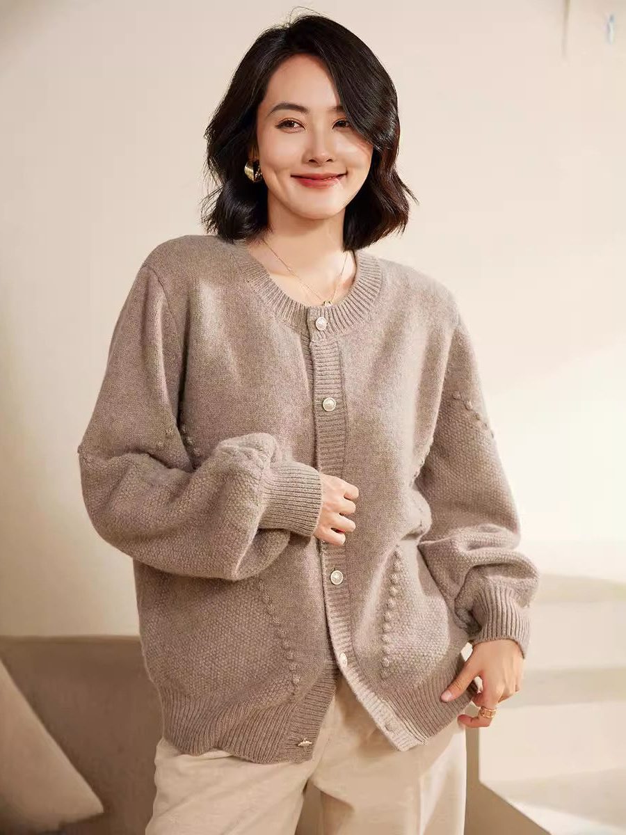 Textured Knit Cardigan with Balloon Sleeves for Women - View 3