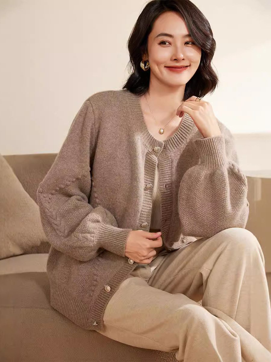 Textured Knit Cardigan with Balloon Sleeves for Women - View 4