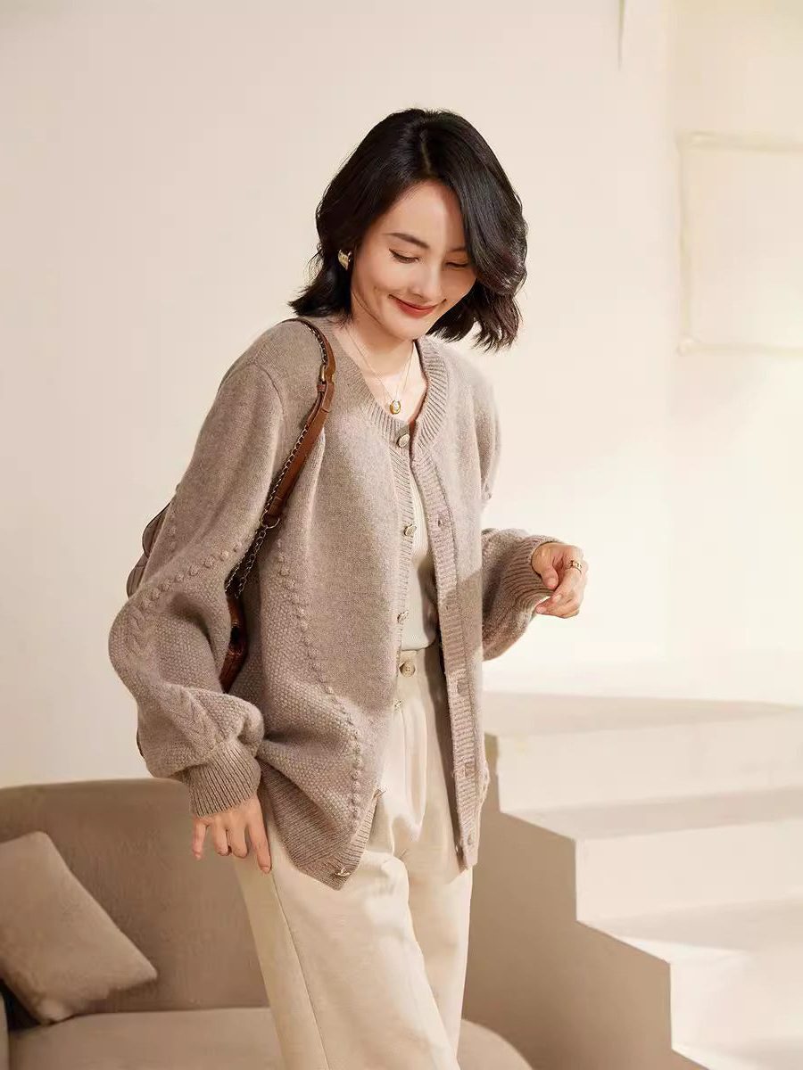 Textured Knit Cardigan with Balloon Sleeves for Women - View 5