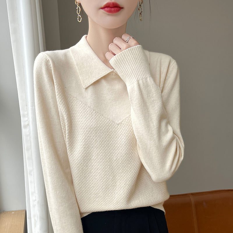 Textured Knit Sweater with Shirt Collar and Long Sleeves for Women