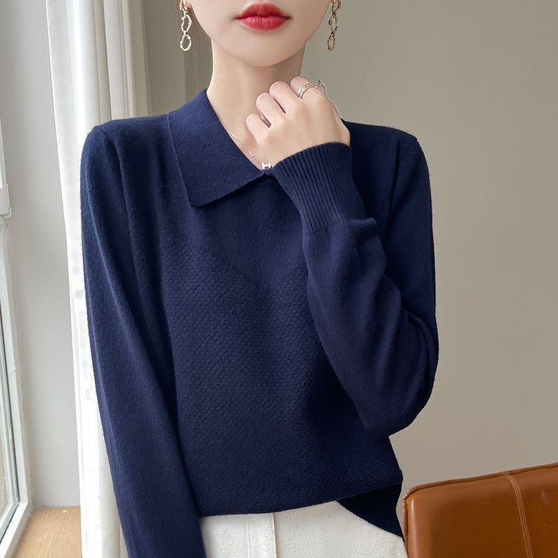 Textured Knit Sweater with Shirt Collar and Long Sleeves for Women - Navy Blue