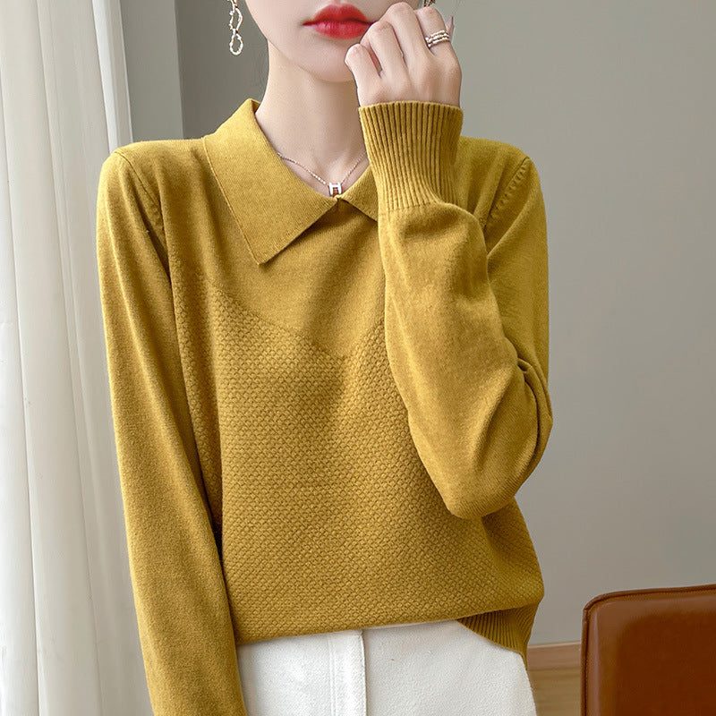 Textured Knit Sweater with Shirt Collar and Long Sleeves for Women - Mustard Yellow