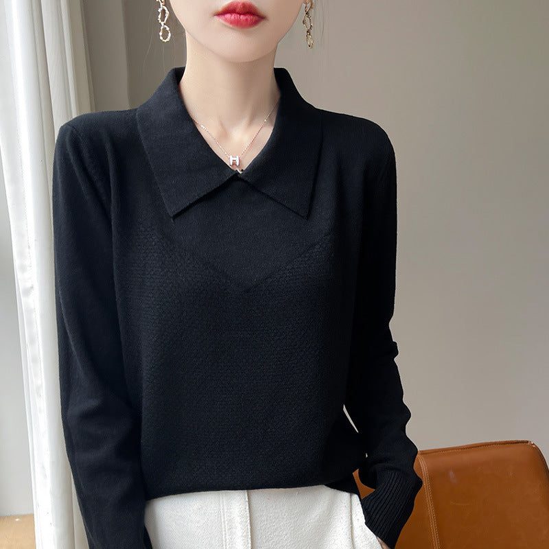 Textured Knit Sweater with Shirt Collar and Long Sleeves for Women - Black