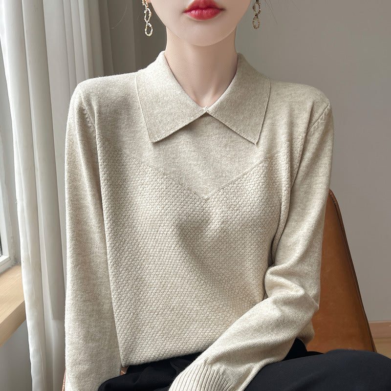 Textured Knit Sweater with Shirt Collar and Long Sleeves for Women