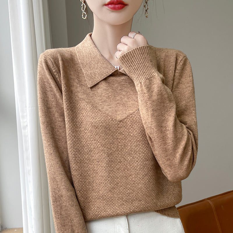 Textured Knit Sweater with Shirt Collar and Long Sleeves for Women - Gold-Camel