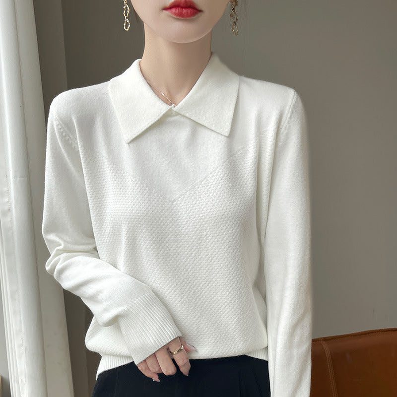 Textured Knit Sweater with Shirt Collar and Long Sleeves for Women - White