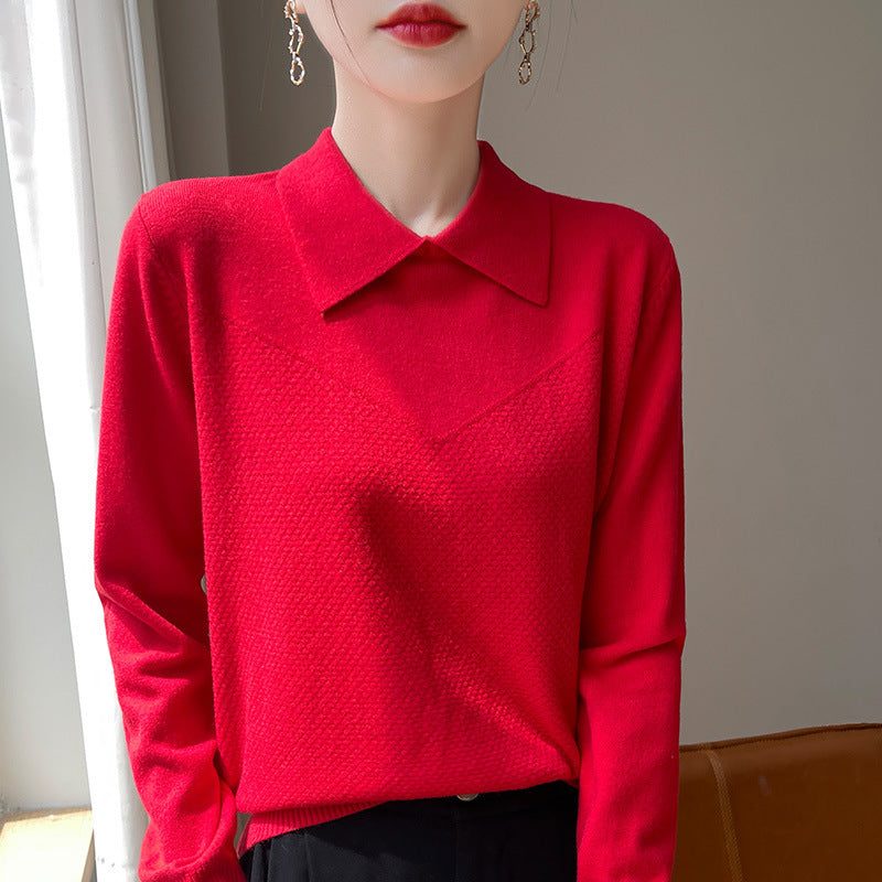 Textured Knit Sweater with Shirt Collar and Long Sleeves for Women - Cherry Red