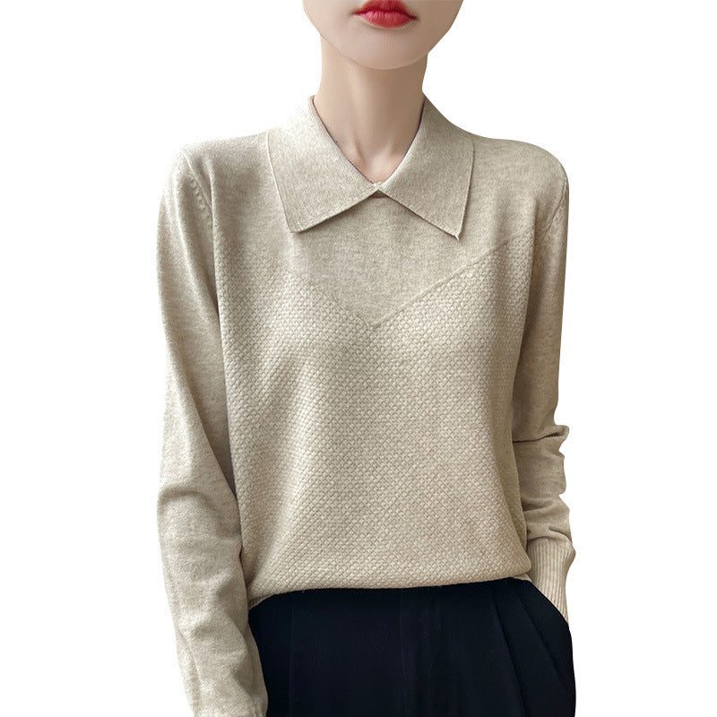 Textured Knit Sweater with Shirt Collar and Long Sleeves for Women - View 5